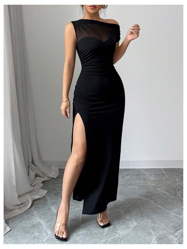 GORGLITTER Women's Mesh One Shoulder Bodycon Maxi Dress Elegant Classy Sleeveless Cocktail Prom Casual Summer Sundress4