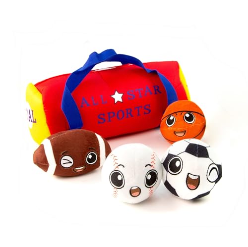 My First Sports Bag with 4 Plush Sports Balls - Rattle Balls for Baby with Soft Football, Basketball, Baseball, Tennis Ball & Soccer Ball for 1 Year Old Toys - Baby Toys for Toddler