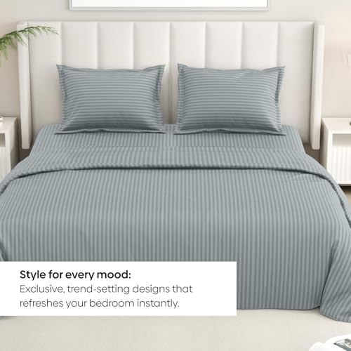 Image of Rivermoor Ultrasoft Bedsheet for Double Bed | Queen Size Bed Sheet with 2 Pillow Covers | Grey Satin Stripe | 90 x 98 Inches | Breathable & Hypoallergenic