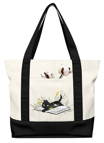 Miss Adola Aesthetic Canvas Tote Bag - Pouch Bag for Women Girls Cotton Cloth Tote Bag with External & Inner Pocket for Shopping, Gym, Work, Travel, Vacation, BlackCat