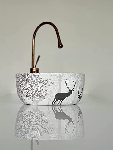 Image of Designer Glossy Finish Table Top Ceramic Wash Basin Vessel Sink with Slim Rim | Collapsible Wash Basin | Wash Basin for Bathroom | Ceramic Bathroom Sink (Animal Printed, 18 x 13 x 5.5 Inch)