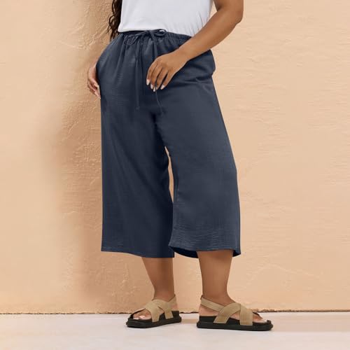 Plus Size Cropped Linen Pants Women Wide Leg Flowy Beach Pants with Pockets Lightweight Lounge Trousers3