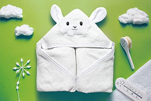 JM Hooded Baby Towel for Kids & Babies - Soft, Large Bath Towels, 35"x35" - 100% Bamboo, Hypoallergenic, Absorbent - Perfect Baby Gift, Newborn Essentials with Washcloth & Laundry Bag - Lamb