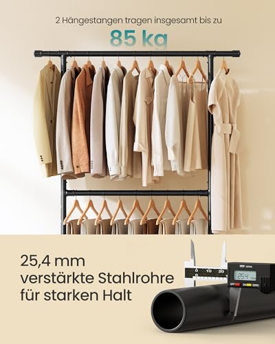 SONGMICS Kleiderständer im Industriedesign, bis 110 kg belastbar, Garderobenständer auf Rollen, 2 Kleiderstangen, aus Metall, gut belastbar, Präsentation im Geschäft, schwarz HSR62BK