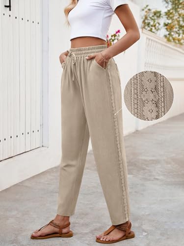 Puimentiua Women Linen Pants Lightweight Pants with Lace Side Summer Casual Beach Drawstring Elastic Waist Trousers3