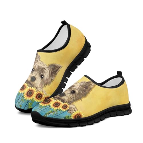Chririnla Sunflower Puppy Running Sneakers Low Cut Casual Shoes Loafers Round Toe Shoe for Women Youth Girls Tennis Flats Slip On Athletic Sneaker with Arch Support for All-Day Wear