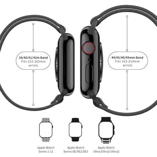 Image of AMANECER Stretchy Nylon Bands Compatible with Apple Watch Ultra 3 /2 /1 SE Series 11 /10 /9 /8 /7 /6 /5 /4, Adjustable Braided Elastic Sport Loop Rugged Straps for iWatch Women Men (Dark Gray, 44 /45 /46 /49MM)