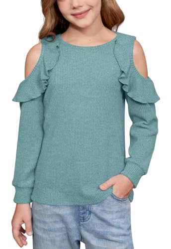 Girls Fall Cold Shoulder Knit Shirts | Long Ruffle Sleeve Crew Neck Casual Cozy Pullover Top, 6–14 Years