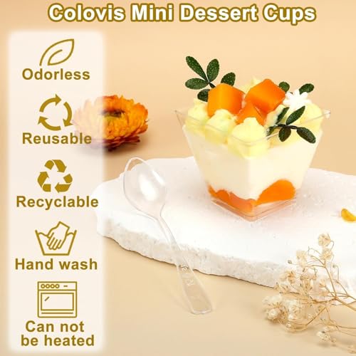 Image of Colovis Mini Dessert Cups, 200 CT 2oz Clear Plastic Parfait Appetizer Cups with Spoons Mini Square Dessert Bowls for Serving, Tasting (200)