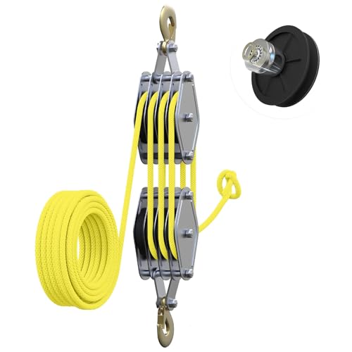 Block and Tackle 4400 LB Breaking Strength Heavy Duty Pulley 65 Ft Rope Pulley Upgraded Metal Bearing 7:1 Lifting Power Pulley System Pulley Hoist for Lifting Heavy Objects(Yellow)