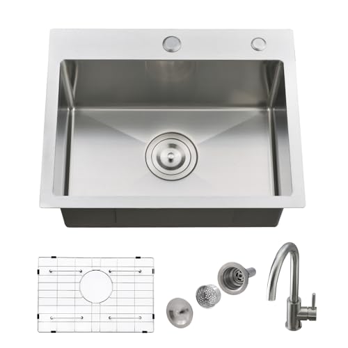 Comparison: Best Sink For Outdoor Kitchen 11 Jshozzy Drop In Kitchen Sink with Faucet Combo, 21 x 18 Inch Single Bowl Outdoor Kitchen Sink 18 Gauge Stainless Steel Handmade RV Wet Bar Prep