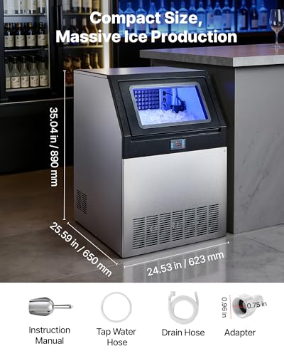 Image of VEVOR Commercial Ice Maker Machine, 440 lbs /24h with 53-85 lbs Storage Capacity, Built-in /Freestanding /Under Counter, Stainless Steel Ice Maker with LED Display & Self-Cleaning, Home Bar Restaurant