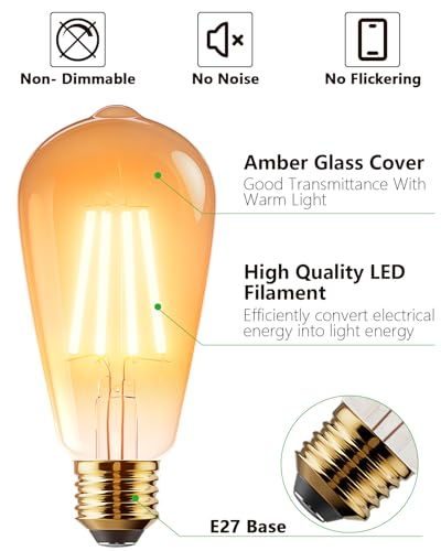 Vanke E27 Vintage Light Bulbs 6W Edison Screw LED Filament Decorative Bulb Warm White 2700K 700 Lumen Equivalent 60W Non-Dimmable Pack of 2 - Image 3