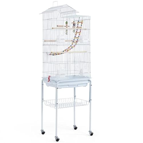 Abician Cage à Oiseaux Décorative en Métal avec Support Détachable à Roulette Cage à Perruche avec Jouets Perchoirs Plateau Coulissant Cage pour Les Petits Oiseaux 158,5 cm Blanc