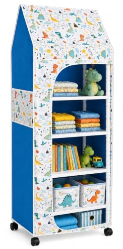 Image of HYSEYY Baby Wardrobe Plastic Kids Storage Rack with Fabric Cover & Wheels | 6-Tier Plastic Shelves Organizer | Toy, Book & Clothes Storage Cabinet for Kids Room (Dinosaur Pattern White)