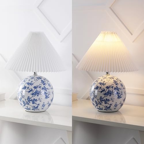 Image of JONATHAN Y 19.5 inch White /Blue Shishen Chinoiserie Ceramic Table Lamp, Traditional Hand-Painted Floral Cottage Lamp with White Pleated Linen Shade, LED Bulb Included (JYL5056B)
