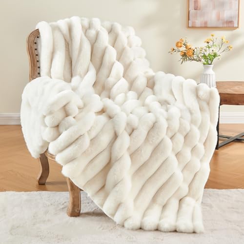 BEDELITE Faux Fur Throw Blanket for Couch, Soft and Cozy Luxurious 3D Striped Fluffy Blanket, 770GSM Thick Warm Plush Fuzzy Faux Rabbit Fur Blanket for Women Gift (Cream, 50'x 60')