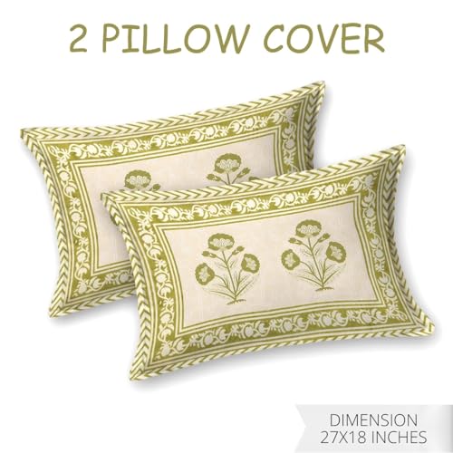 Image of Living Roots Ethnic Jaipur Block Print Double Cotton Bedsheet & 2 Pillow Covers, for Mattress Upto 6 inches Thick, No Colour Bleeding, Leaf Green Colour, King Size 90 * 108 inches, 120TC (611-A)