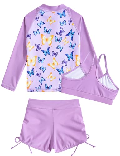 Image of Funnycokid Girls Swimsuit 3 Pieces Zip Rash Guard Bathing Suits Set Kids Bikini Boyshort Summer Swimwear 3-14 Years