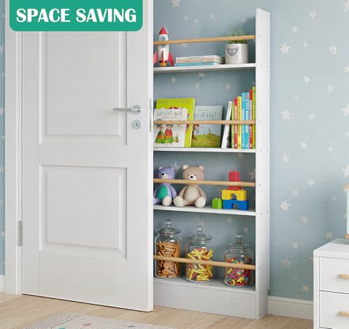 Image of 4 Tier Behind The Door Bookshelf, Space Saving Behind The Door Bookcase Wooden Kids Book Shelf for Bedroom Living Room Study White (120 * 70cm)