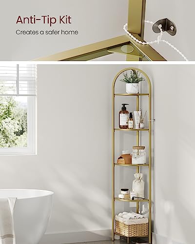 Image of VASAGLE 5-Tier Corner Shelf Stand, Corner Bookshelf, Bathroom Organizer, Plant Stand, Tempered Glass, Steel Frame, Modern Style, for Living Room, Bathroom, Kitchen, Metallic Gold ULGT810A01