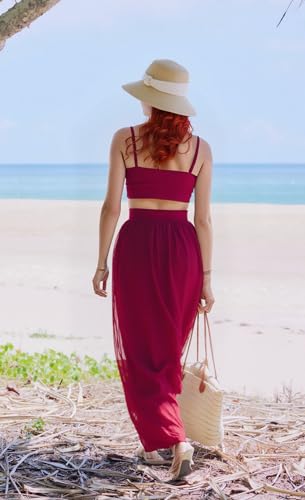 Image of Women Sexy 2 Piece Outfits Dress Chiffon Strap Deep V Neck Bra Crop Top High Split Maxi Dresses Skirt Set