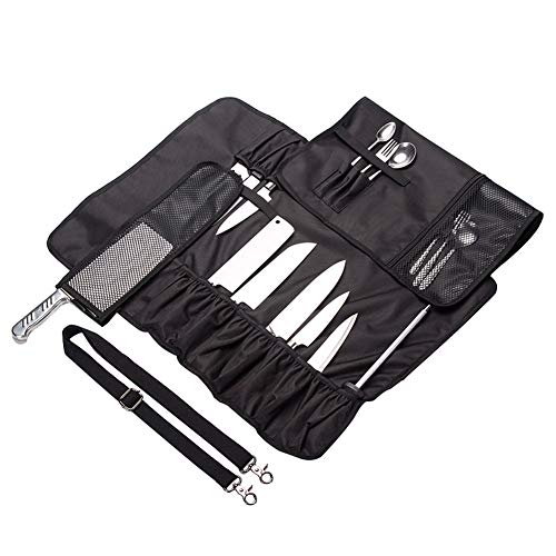 QEES Trousse De Couteaux Chef Professionnel Sacoche Couteaux 17 Compartiments avec Bandoulière en Tissus Oxford Serré Noir