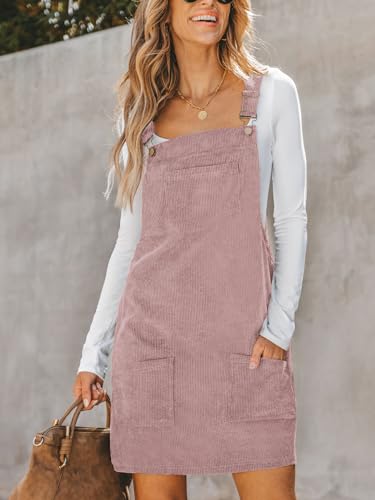 Image of CUPSHE Women Corduroy Fall Dresses Front Bib Pocket Square Neck Wide Strap Casual Overall Mini Dress