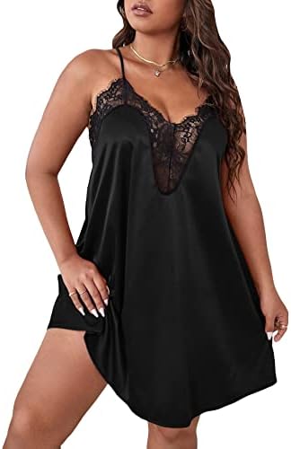 MakeMeChic Women's Plus Size Satin Slip Nightgown Lace Trim Silk Cami Night Dress Sleepwear Black 4XL