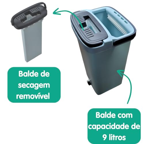 Mop Flat Esfregão Rodo E Balde Multiuso 9 Litros Cabo 1,60m Para Limpeza Pesada Limpa, Lava E Seca