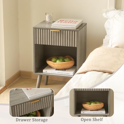 Image of Fultyle Mid Century Modern Nightstand, Wood Bedside Table with Drawer and Opening Storage, End Table Living Room Fluted Night Stand with Solid Wood Legs for Bedroom (Grey)
