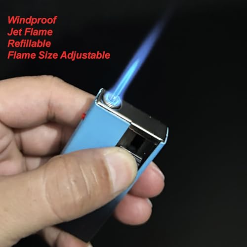 Image of Windproof Jet Flame Refillable Slide Button Cigarette Lighter Pocket Lighter (Blue-Black)