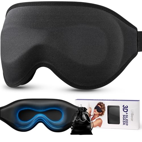 LitBear 3D Schlafmaske für Seitenschläfer für Frauen & Herren, 100% Lichtblockierende Schlafbrille, Extratiefe Augenmulde, Weich und Atmungsaktiv, mit Verstellbarem Kopfband, Ideal für Reisen, Schwarz