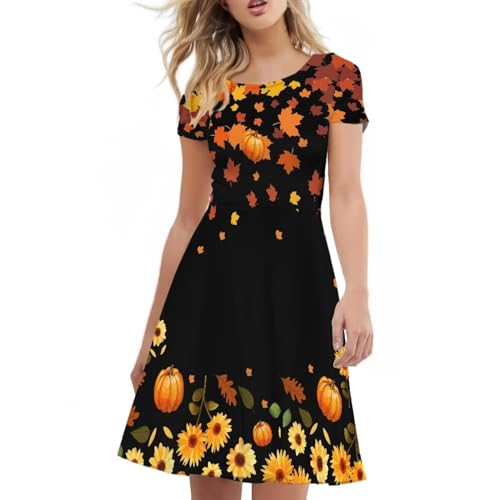 Image of POLERO Sunflower Dress for Women Floral Summer Dresses Short Sleeve Casual Sundresses Midi Dresses