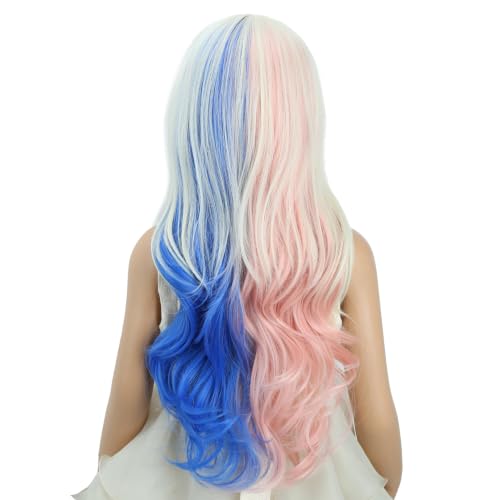 Image of Pink and Blue Wig for Kids Girls Long Blonde Mixed Pink Blue Wavy Curly Wig Children Middle Part Wigs Heat Resistant Synthetic Wigs with Cap
