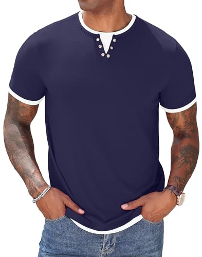 Hisir T-shirt d'été Henley à manches courtes et col rond pour homme - Coupe droite - Hauts décontractés - Couleurs contrastées classiques - Tee shirts,...