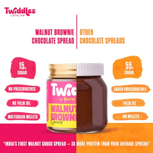 Image of Twiddles Walnut Brownie Chocolate Spread, 250g (Crunchy) - Made with 50% California Walnuts + Almonds & Seeds |14g Protein | Rich Omega-3 | 70% Less Sugar | No Palm Oil | No Preservatives | Stronger Bones | Brain Booster | India's 1st Walnut Spread