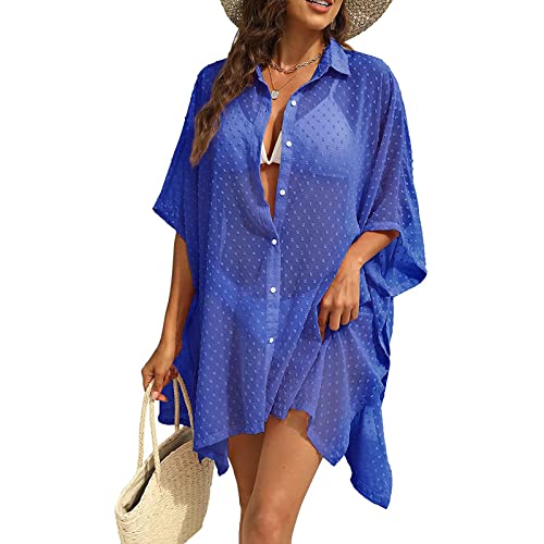 Koitniecer Camisa Playera para Cubrir para Mujer, minicamisa con Botones, Vestido de Gasa para Playa, Bikini, Ropa de Playa Transparente, Traje de baño (Blue, Medium) Cover
