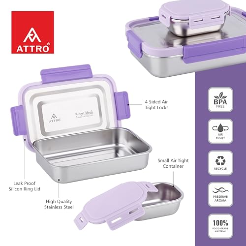 Image of ATTRO Smart Meal Medium Stainless Steel Lunch Box with 1 Small Container Airtight Spill-Proof BPA Free Food Grade Ideal for Office, School, Picnic- Violet-800ml+170ml