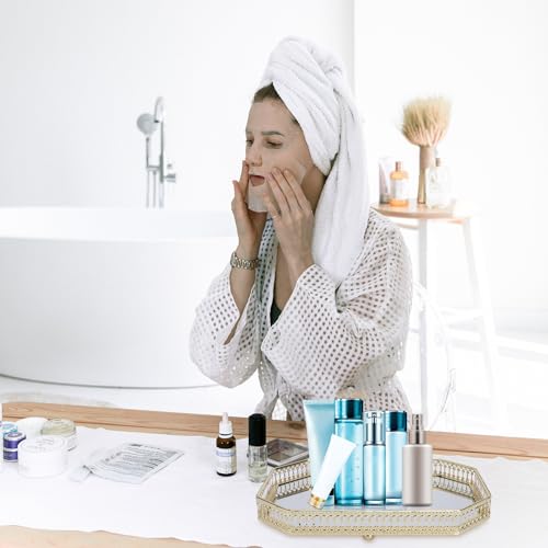 Plateau miroir hexagonal luxe en fer doré et verre pour coiffeuse - 5