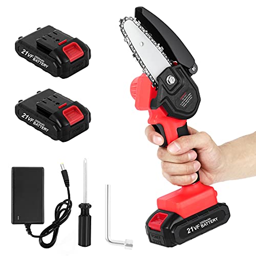 Mini Chainsaw Cordless 4 inch Battery Powered Chainsaw Electric Samll Chainsaw with 2 Battery, 1 Chain, One-Hand Pruning Shears Chainsaw for Tree Trimming, Wood Cutting, Tree Branch & Garden