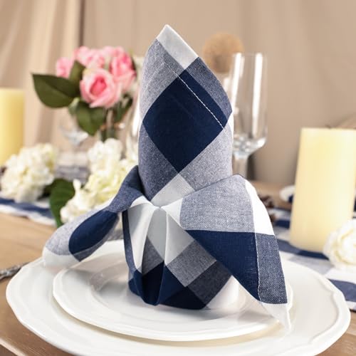 Image of Cotton Blend Buffalo Plaid Table Napkins (Set of 4), 20 x 20 Inch Washable Dinner Napkins, Checks Cloth Napkins for Restaurant, Wedding, Holiday, Farmhouse, Navy and White