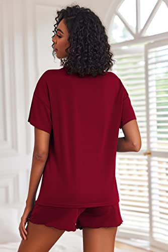 Image of Ekouaer Pajamas Set Womens Short Sleeve Loungewear Sleepwear 2 Piece PJ Sets,Wine Red XX-Large