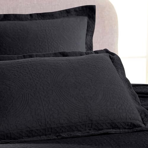 Superior Cotton Fleur De Lis Bedspread Set, Warm Blankets, All-Season Bedding, Bedroom Decor, Decorative Boho Medallion Coverlet, Includes 1 Bedspread, 2 Pillow Shams, Queen, Black