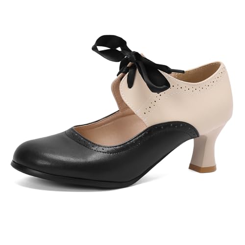 LanreyTaley Women's Vintage Mary Jane Shoes 60s Low Kitten Heels Round Toe Wingtip Brogue Shoes Cut Out Dress Pumps