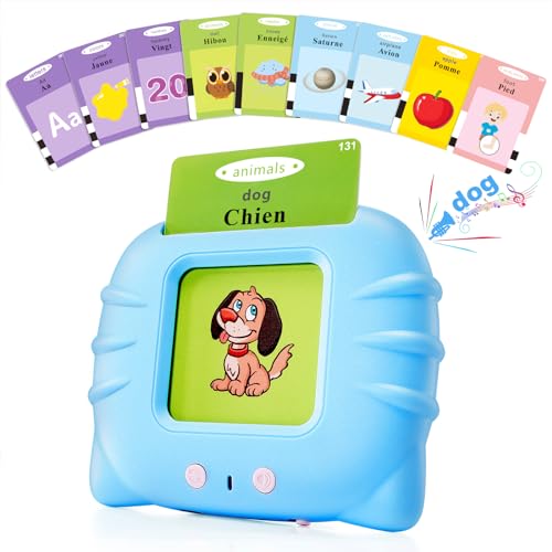 Image of TimingSXD French & English Bilingual Flash Cards for Toddler/Beginning - Learning Educational Toy to Learn French/English,Talking Flash Cards for Ages 2 (Blue_French & English)