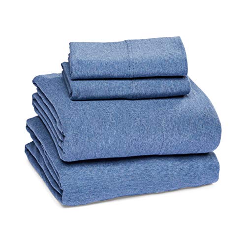 Image of Amazon Basics Cotton Jersey 4-Piece Bed Sheet Set, King, Chambray Blue, Solid