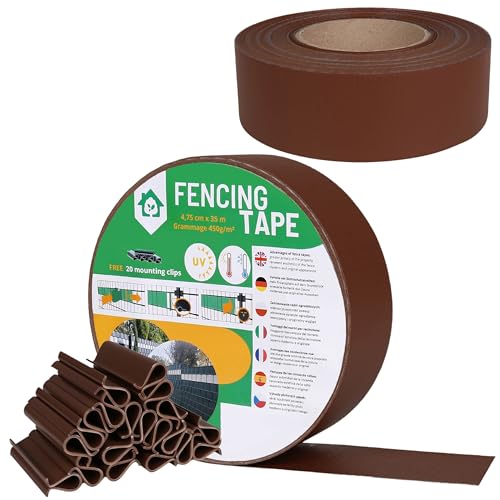 Cinta de valla, sombreado, cubierta de valla de panel UV I Tiras de Protección Visual de PVC I Valla de privacidad valla de jardín I 35m 450g/m2 + 20 clips de fijación (Marrón, 4,75 cm)