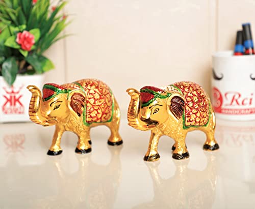 Image of KridayKraft Metal Elephant Medium Size Multicolor 2 pcs Set for Showpiece Enhance Your Home,Office & Table and Gift for Have House Warming Anniversaries, Birthday...