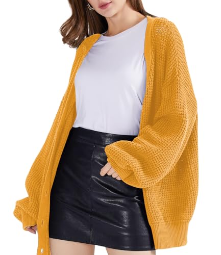 Image of QUALFORT Women's Oversized 100% Cotton Cardigan Sweater | Long Sleeve V Neck Button Down Open Front Knit Outerwear
